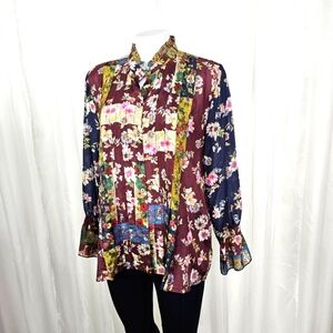 Johnny Was Laurie Milan Blouse 100% Silk Mixed Floral Patchwork Print Medium